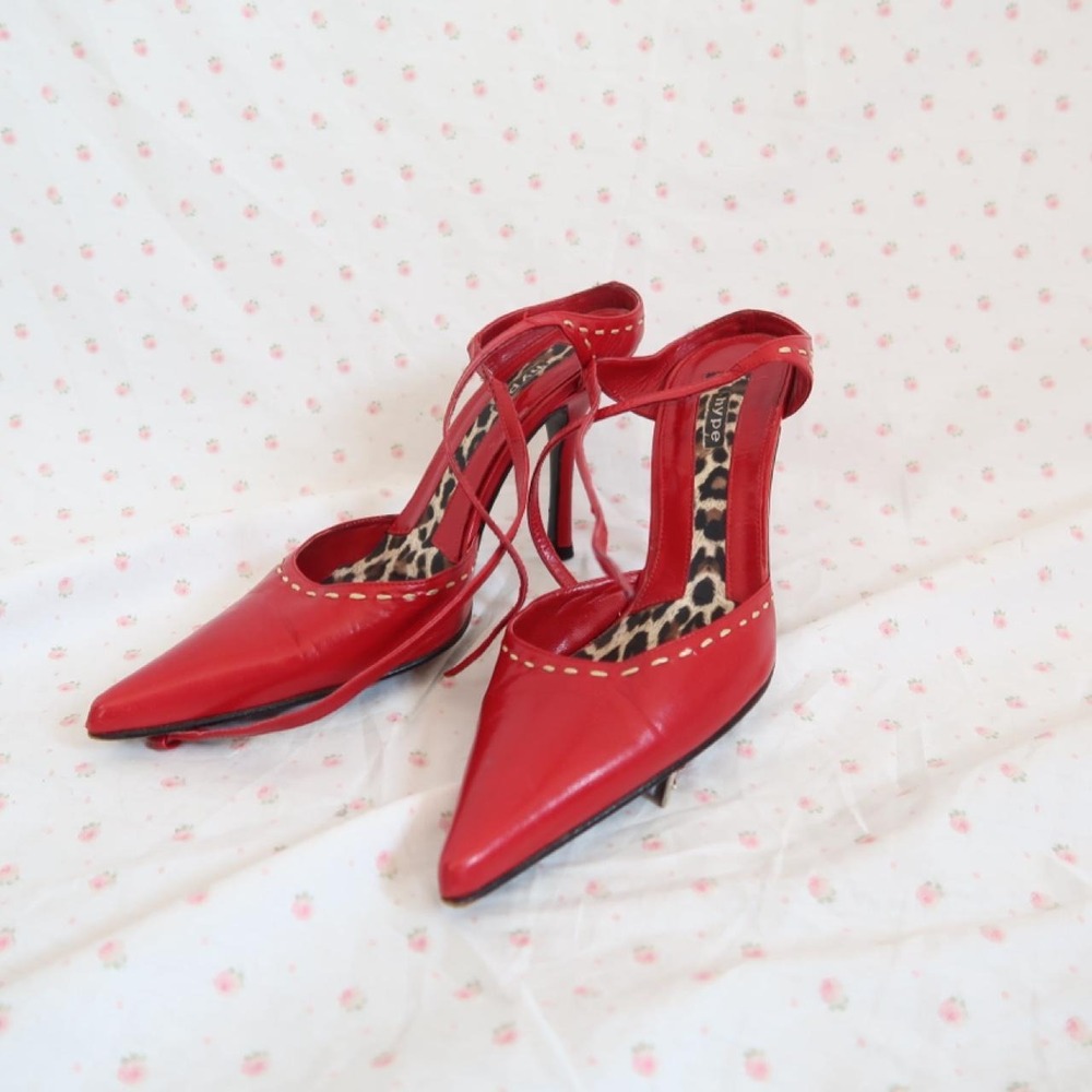 vintage red leather heels y2k pointed toe stiletto shoes - Picture 4 of 6